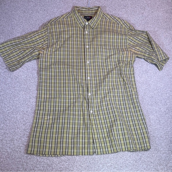 Vintage CXS21 Mens Short Sleeve Shirt Large Greenish Yellow Grey Check Cotton - Picture 1 of 6
